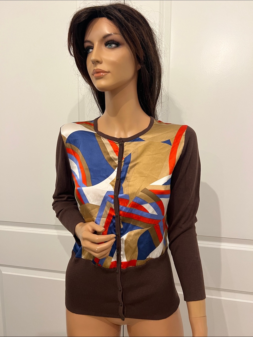 Tahari Brown Cardigan with Multicolor Geometric Front